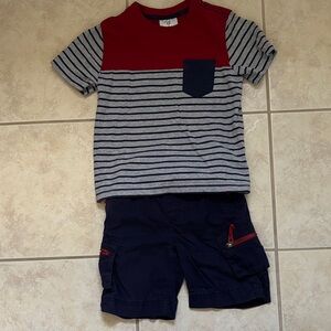 Hanna Andersson Red and Gray Striped Tee with Navy Pocket